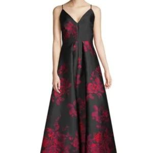 Calvin Klein Floral Plunge Gown Black and Red